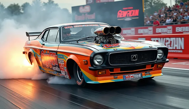 A high-octane, cinematic photo of a vibrant modifed 1969 volvo amazon extended long funny car chassis, rear wing NHRA nitro topFuel funnycar rail dragster. vivid racing livery. smoking the wheels at a Drag Strip. The image celebrates the speed of the nitro...