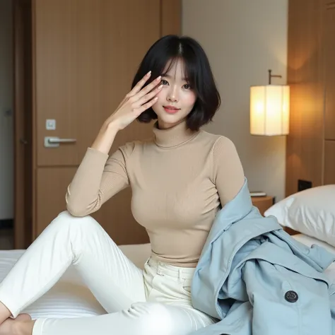  sitting on a hotel bed and hiding her eyes with one hand。 She has charming ingrained bob hair。I'm wearing a beige turtleneck knit that shows my body lines and white pants。Next to it is a pale light blue coat that I took off on the bed。 The background has ...