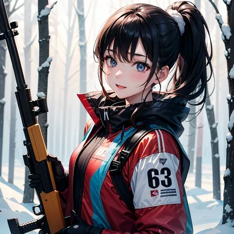 A female biathlon is skiing on a course in the snowed woods、Carrying a rifle on his back、cute face, black hair and ponytail, detailed face