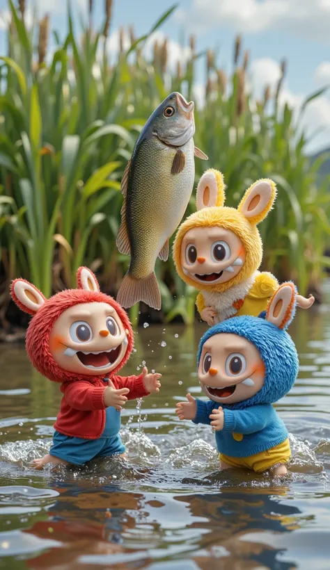 Labubu Red holds up a big fish with a proud smile, while Labubu Blue claps excitedly. Meanwhile, Labubu Yellow loses balance and almost falls into the river but is quickly saved by the others. The scene captures a playful moment, full of movement and joyfu...