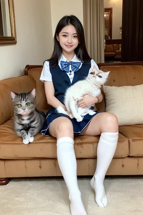 1 Female、(Sitting on a sofa at home holding a cute cat:1.5)、 smiles、(Cute American Shorthair with Blue Eyes)、( white Persian cat)、(  high school uniforms  )、( check mini skirt)、 long brown hair、(  white high socks)