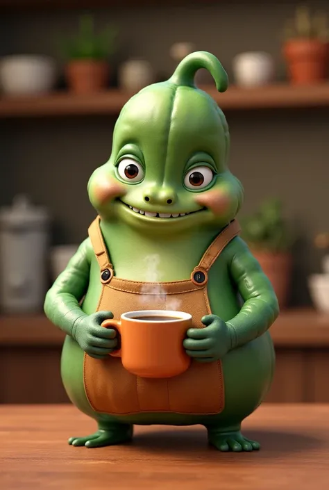 A chubby green and textured chayote character, serving a cup of coffee.