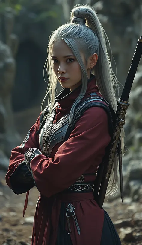 Genuine、 rating safety 、 high resolution images、 Masterpiece、最 high quality、 high quality、 very detailed、More Information、 Sharp Details 、Female Elf Ninja、 with silver hair tied together at a high position、Ninja costume that looks like a red kimono 、Ninja ...