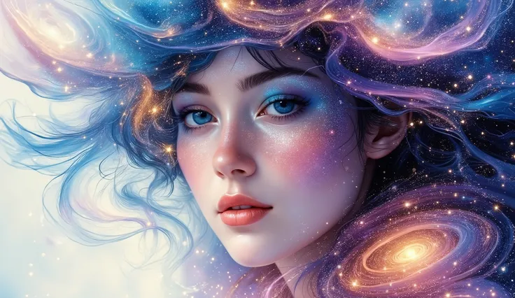 dreamy double exposure watercolor portrait, beautiful woman's face partially formed by cosmic elements, her hair seamlessly transitioning into spiral galaxies and stellar clouds, soft pastel colors mixed with deep space blues and purples, ethereal atmosphe...