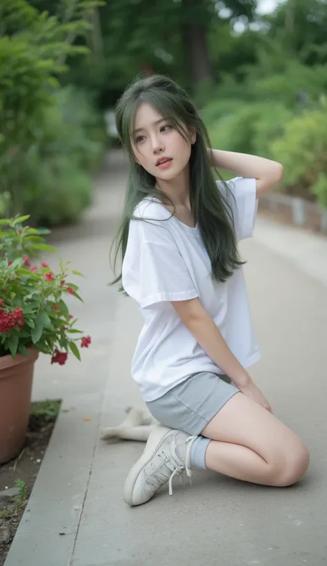  27 year old Indonesian woman .  what a beautiful girl .  by Nomi.  dream body shape .   innocent looks  .  wearing low sweatpants and a larger t-shirt.  not looking at the camera at the photo shoot .  long hair,  Hair,  green hair, Vertical Roll,  , Hair ...