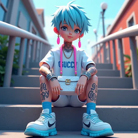 3D anime style, BJD,  boy, light blue hair, gray eyes, pink long earrings, body tattoos, white long-sleeved T-shirt with fluorescent blue English words, cuffs covering his hands, pink long and square necklace, fluorescent blue porous belt, white shorts, Gu...