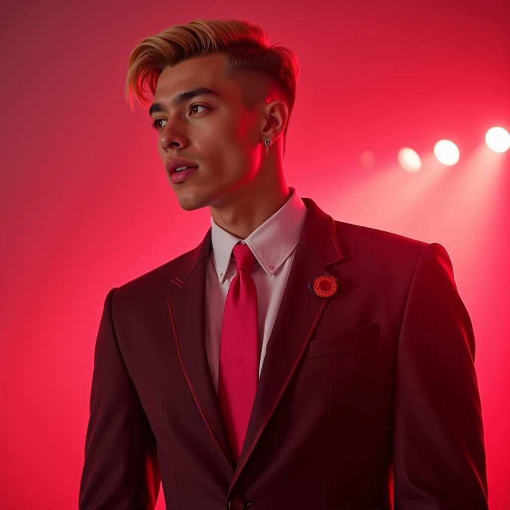  foreign white male R&B-soul singer with short golden hairstyle、Singing gorgeously 　 costume is a Dior suit、White shirt inside、rose red tie　The background is romantic