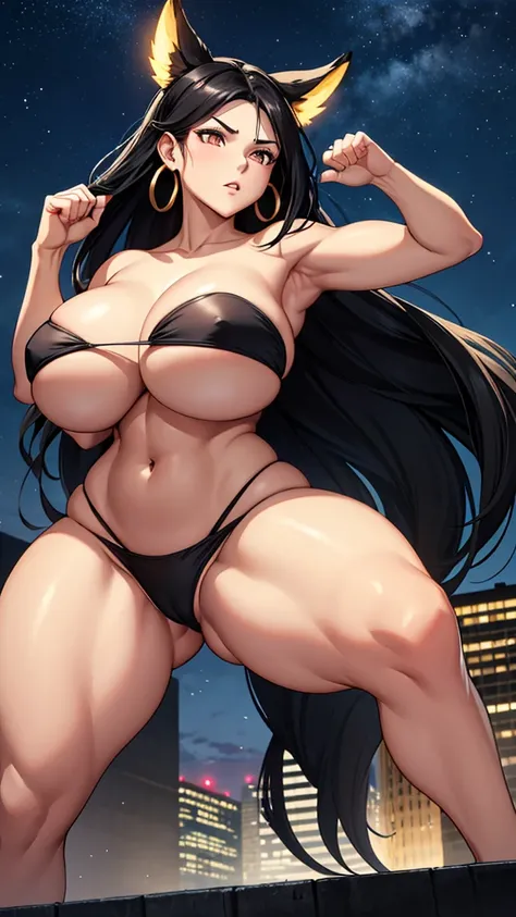 28 years old woman, long black hair, glowing white skin, huge firm breast, athletic curvy body, thick muscular thighs, wearing black strapless bikini, wearing black panties, gold earrings in her ears, country dancer style, in a dynamic fighting stance on t...