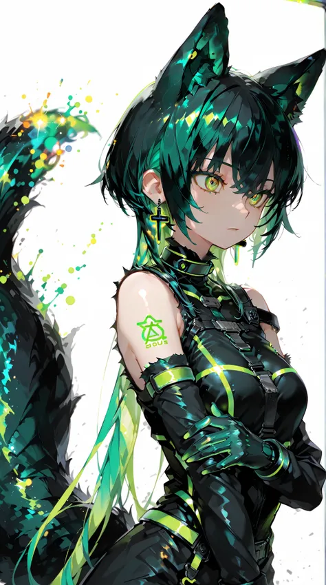  1 girl, solo,  Hi-Res,  Masterpiece,  high image quality model ,  high quality,  black hair,  green hair, ( green neon light hair) gradation color hairstyle , (Too much black,Green inner color), wolf ear,black and green fur ,black and green clothes , shou...