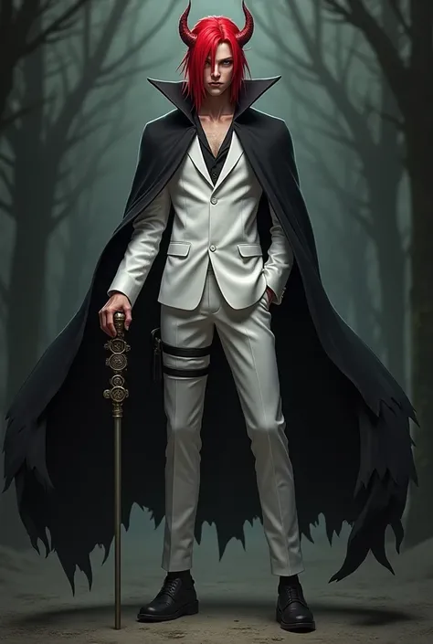 Uzumaki Naruto with red hair wearing a white suit and a black cape,  has horns on the back of his head and a cane with rings, with blond hair with red eyes 