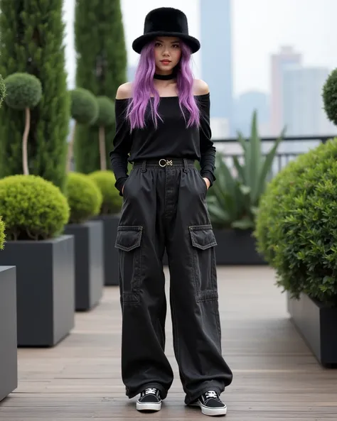  overall wearing ：
 and dyed a long head of hair with a purple pink tint ， She wore a black printed fur hat 。 makes the overall atmosphere more stylish and street fashion ，Cut fit ， revealing the waist line ， with a touch of cool spirit 。 creates a stylish...