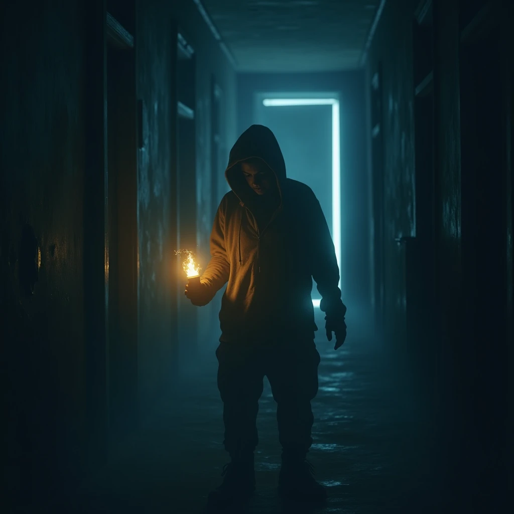  Person holding a burning flashlight in a dark corridor,  with half-open doors illuminated in the background . Mystical realism style , shades of blue and yellow."