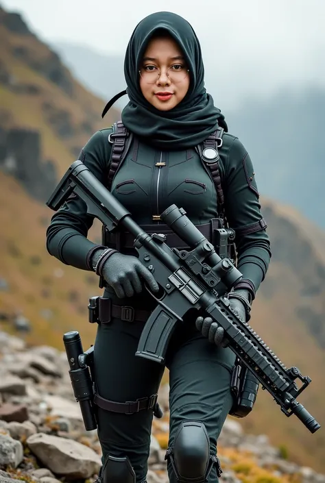 Beautifull japanese female with hijab ,wear scuba special force suit,turtleneck, standing hold gun, step on rock