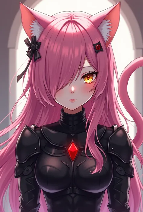  thong,  alone,  anime style , cat girl,  pink cat ears, long pink hair,  hair over one eye ,  looking at the viewer, claws,  Horns,  with her mouth shut , 1,  golden eyes,  sturdy black armor , pink cat tail .
