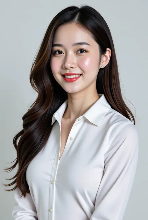 realistic,1girl,korean woman,long hair,white collared shirts,dark red lips,smile