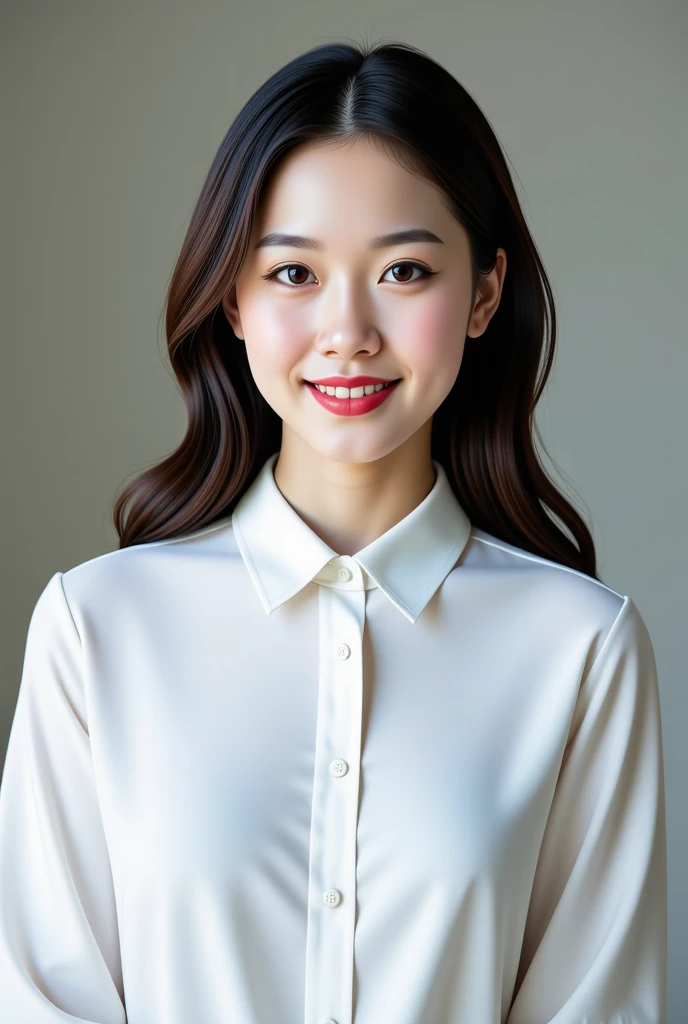 realistic,1girl,korean woman,long hair,white collared shirts,dark red lips,smile