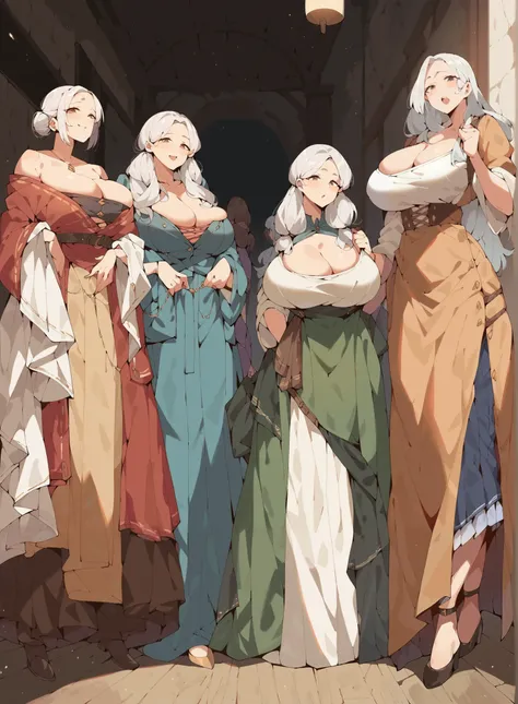  result_9,  result_8_higher,  result_7_higher,  result_6_higher,  result_5_higher,  result_4_higher, Familiar, Four girls ,  peasant clothes  , is a mature mother, Consistent texture,  is a colorful dress, big breasts, Very high resolution,white hair tie ,