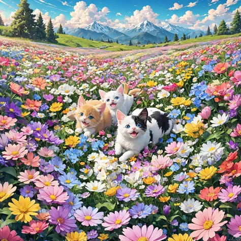 anime Beautiful colorful flower field scenery. Pastel color flower field, mountains, blue sky, white clouds, diverse flowers, colorful, scenery, nature, beautiful, photo of two kittens and a puppy playing in a flower field