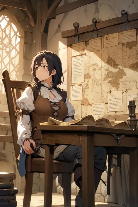  medieval times , Guild Hall, Mature black short-haired woman sitting on a chair behind a wooden desk, Tired face,  Clean white blouse and brown vest ,  Scrolls and quills on her desk ,  looking straight ahead,  Adventurer's map and quest board hanging on ...