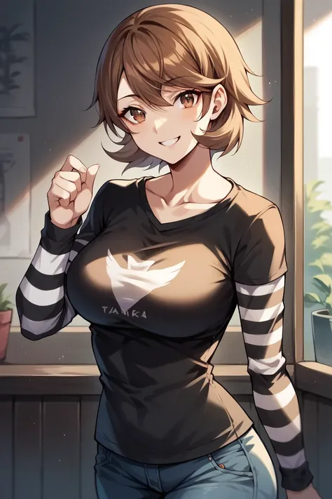 1 girl, solo, black short sleeve t-shirt, layered sleeves, white long sleeves, jeans, Yukari Takeba, brown hair, brown eyes, black t-shirt over white long sleeves, large breasts, confident smile, striped sleeves, black short sleeve over long sleeve,