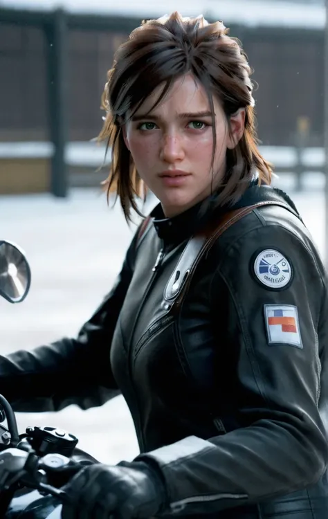 photo of ohxw, ellie, woman, close up ,medium length hair, face details, low key lighting. Sexy face. Sly smile. Hand stroking her hair. Sexy pose. On a bike. Motorcycle black gear. With snow.