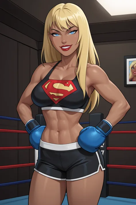 PonyXLV6_Scores BREAK ((parody), perfect anatomy, perfect eyes, cowboy shot) BREAK kara zor-el, long hair, blonde hair, blue eyes, dark-skinned female, lipstick, red lips,  half-closed eyes, ((looking at viewer)), superhero, midriff, onyx black boxing shor...