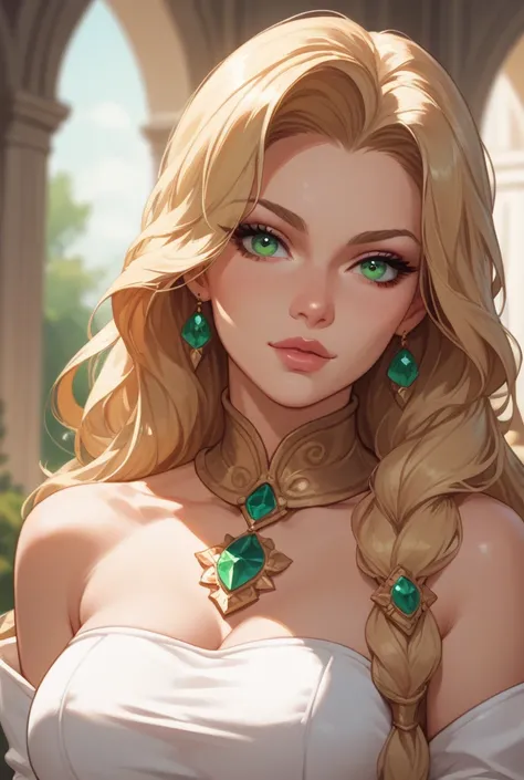 A beautiful young woman. She is a dragonslayer in a fantasy world. She has blonde long hair, deep green eyes and is a very sassy and arrogang girl 