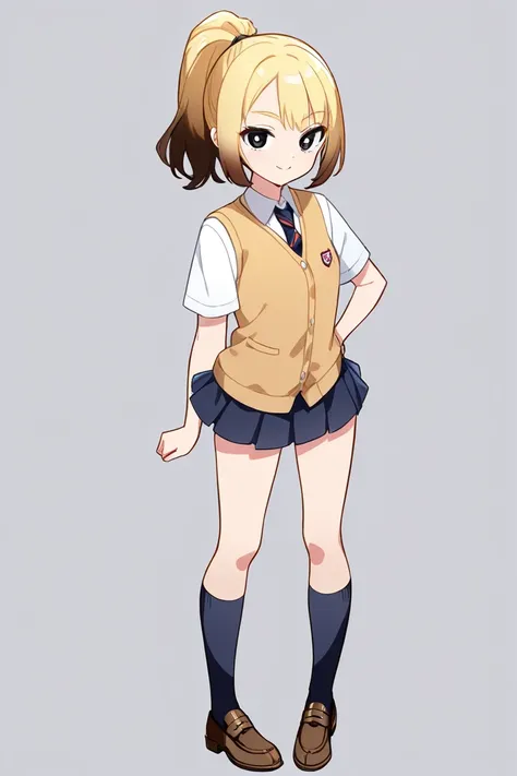 schoolgirl, standing, looking at viewer, smiling, best quality, black eyes, teenager, vest, school uniform, necktie, ponytail, eyes open,whole body,loafer,double eyelid,mini skirt,paired with knee-high socks, gradient hair,blonde hair,brown hair,no backgro...