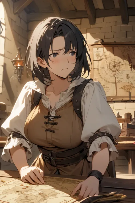  medieval times , Guild Hall, Mature black short-haired woman sitting on a chair behind a wooden desk, Tired face,  Clean white blouse and brown vest ,  Scrolls and quills on her desk ,  looking straight ahead,  Adventurer's map and quest board hanging on ...