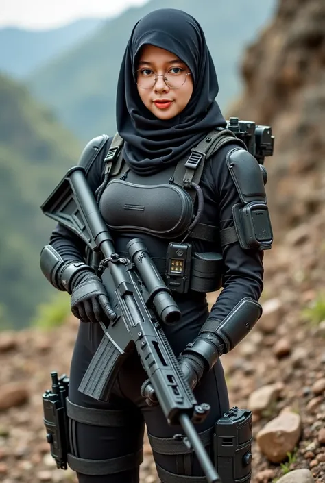 Beautifull japanese female with hijab ,wear scuba special force suit,turtleneck, standing hold gun, step on rock