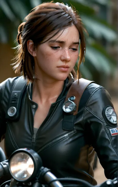 photo of ohxw, ellie, woman, close up ,medium length hair, face details, low key lighting. Sexy face. Sly smile. Hand stroking her hair. Sexy pose. On a bike. Motorcycle black gear with her chest exposed.