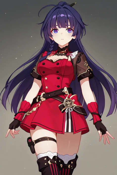 RMei, Fol001, RM_Vbl, raiden mei, purple hair, blue eyes, side braid, short dress, red dress, buttons, shrug (clothing), brown shrug, cleavage, short sleeves, brown sleeves, red arm warmers, fingerless gloves, alt black gloves, black thigh strap, thigh boo...