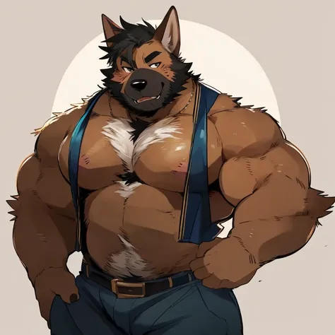 dog, furry, german shepherd, handsome, very muscular, very big, extremely hot and sexy, beard, hair, chest hair, charming eyes, solo, male, clothes, middle aged, daddy, full body, by hyaku, by darkgem, by glitter trap boy