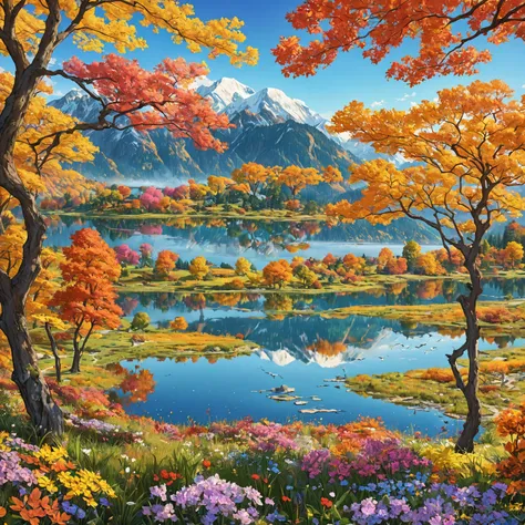 Animated, exquisitely detailed, colors are bright and deep, pastel and dramatic, bright and colorful background. A breathtaking morning. Looking out over a tranquil flower field. Vibrant wildflowers bloom in the foreground, and snow-capped mountains can be...