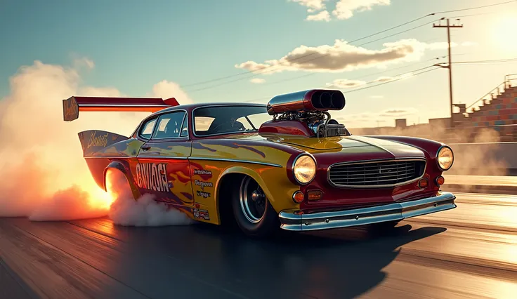 A high-octane, cinematic photo of a vibrant modifed 1969 volvo amazon extended long funny car chassis, rear wing NHRA nitro topFuel funnycar rail dragster. vivid racing livery. smoking the wheels at a Drag Strip. The image celebrates the speed of the nitro...