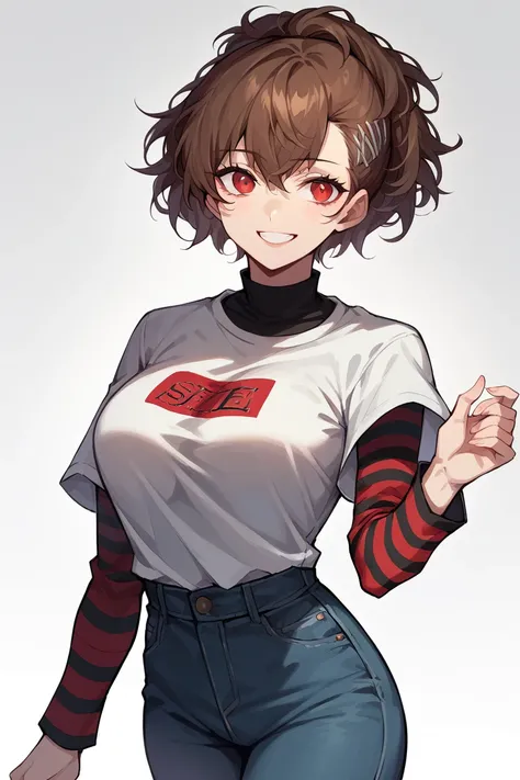 1 girl, solo, black short sleeve t-shirt, layered sleeves, white long sleeves, jeans, Kotone Shiomi, brown hair, red eyes, black t-shirt over white long sleeves, large breasts, confident smile, striped sleeves, black short sleeve over long sleeve,