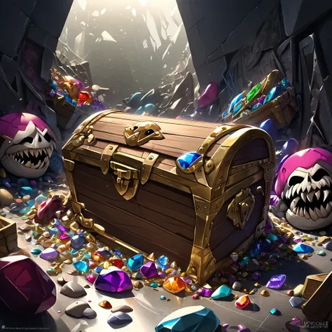 graffiti Mimic Treasure Chest, upscale宝箱, detailed and realistic, Sharp teeth, Long Tongue, Wide open lid, Open the lid of the treasure chest, BREAK Fierce teeth and tongues visible among aesthetic ornaments, Buried in gemstones, Sharp fangs, luxury, upsca...