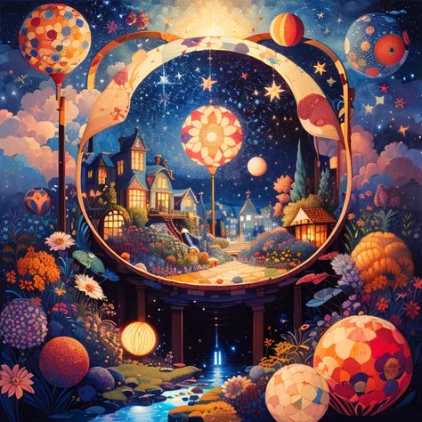 ( Masterpiece,  top quality:1.2), The World of Patchwork Quilts,手作りスタイル
 top quality,night,闇night, lots of faintly glowing round spheres float, colorful round spheres ,Various patterns , floats in a well-balanced manner ,The background is a starry sky