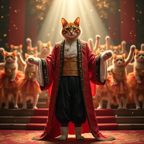 A red, brown, and white cat dressed as a male actor in the Takarazuka Revue appears 。Wearing a gorgeous costume, 、 gracefully stands on the grand staircase of the stage 。 a prince-like cool costume of black trousers stands out against the gorgeous and glit...