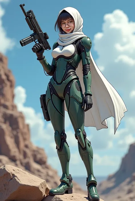 Beautifull japanese female with hijab ,wear mecha pilot suit, muv-luv reference, turtleneck, standing hold gun, step on rock