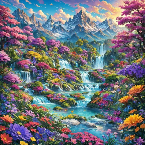 Animation Vivid and Fantasy Natural Scenery: Background and Nature: Majestic mountains rise in the background, with jagged peaks and bright blue skies, adding a dreamy atmosphere to the scene. Waterfalls and streams tumble down from the mountains. Plants a...