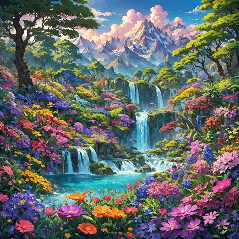 Animation Vivid and Fantasy Natural Scenery: Background and Nature: Majestic mountains rise in the background, with jagged peaks and bright blue skies, adding a dreamy atmosphere to the scene. Waterfalls and streams tumble down from the mountains. Plants a...