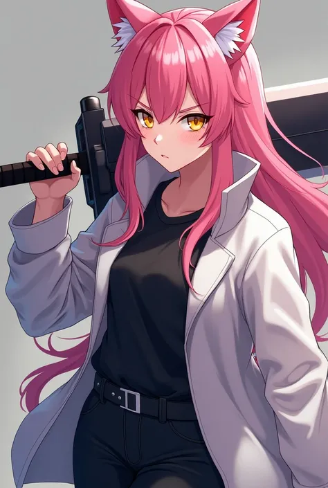 ( superior quality ,  official art  ,  full body,  Beautiful and aesthetic:1.2)  a werewolf girl anime,  Clear skin,  pink hair,  golden eyes, white jacket,  black t-shirt,  black pants, serious and cold expression, brandishing a heavy sword .