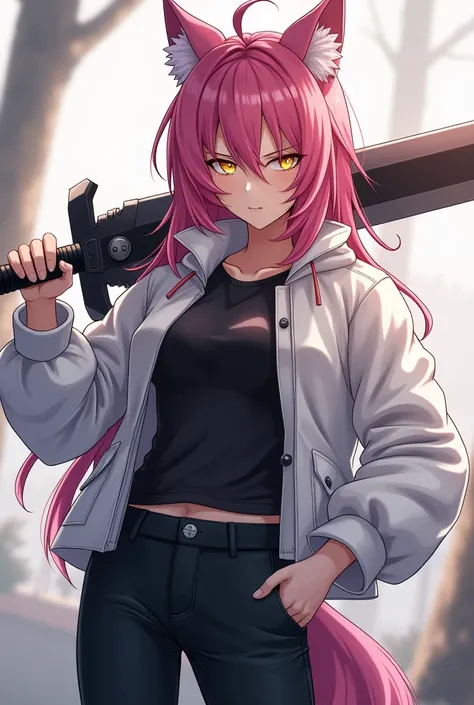 ( superior quality ,  official art  ,  full body,  Beautiful and aesthetic:1.2)  a werewolf girl anime,  Clear skin,  pink hair,  golden eyes, white jacket,  black t-shirt,  black pants, serious and cold expression, brandishing a heavy sword .
