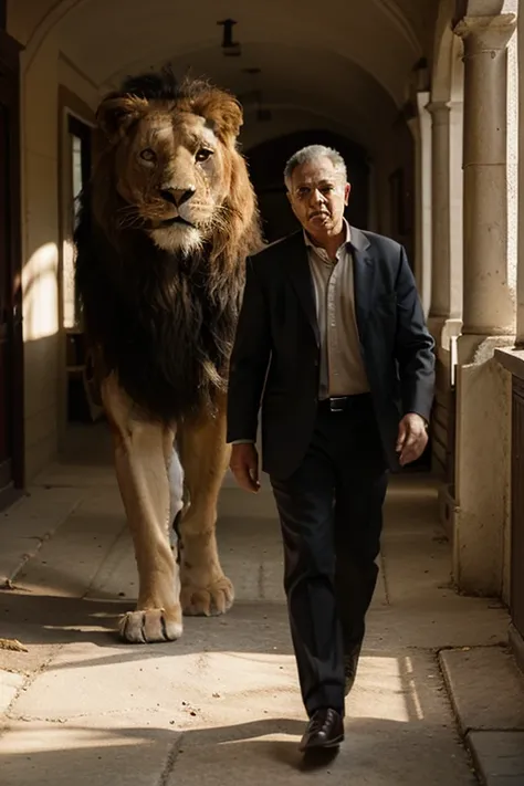 A man walks to the front with a large lion beside him