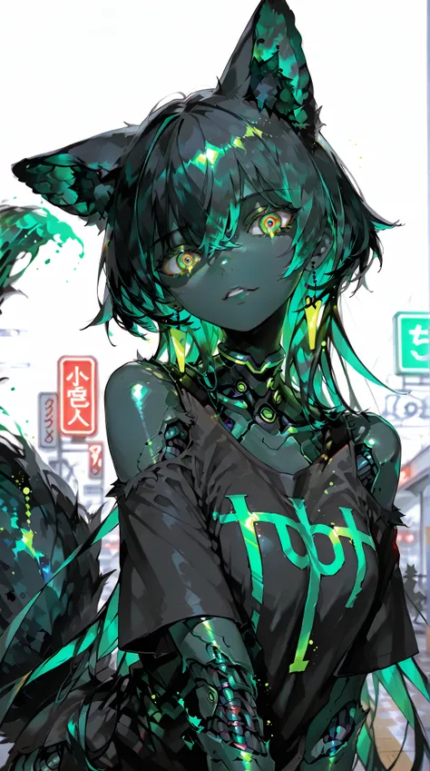  1 girl, solo,  Hi-Res,  Masterpiece,  high image quality model ,  high quality,  black hair,  green hair, ( green neon light hair) gradation color hairstyle , (Too much black,Green inner color), wolf ear,black and green fur ,black and green clothes , shou...