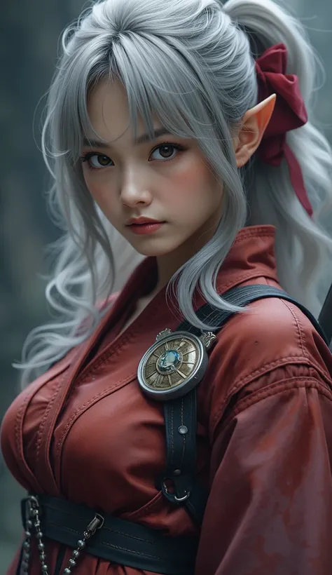 Genuine、 rating safety 、 high resolution images、 Masterpiece、最 high quality、 high quality、 very detailed、More Information、 Sharp Details 、Photograph the whole body、Female Elf Ninja、 with silver hair tied together at a high position、Ninja costume that looks...