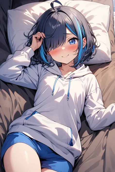 （masterpiece：1.2），Super detailed，solo girl, Hiding one eye, bob cut hairstyle, navy hair,((highlights hair, Blue streaked hair)), ahoge, tareme, blue eyes,flat chest, beach shorts, Calm, Embarrassed,smile, sexy, over size hoodie,lying on bed,
on back,
put ...