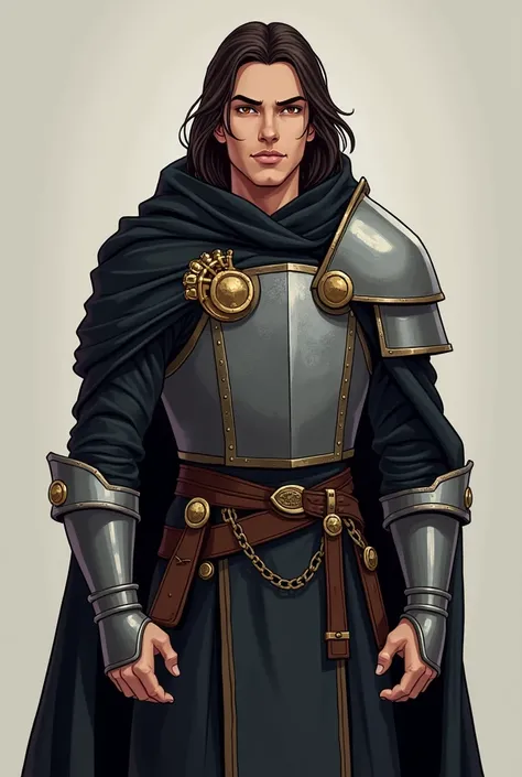 Create a character art for a Dungeons and Dragons table, A paladin, ,  with a black robe and cap over medium steel armor ,  add rune details to the Nordic-style armor , The paladin is tall ,  has long dark brown hair ,  amber eyes and a defined jaw ,  his ...