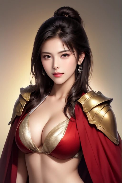 ((female warrior upper body)),((Wears silver, gold, and red steel armor and cloak:1.5)),1 person,  black hair,  (((Real Face))),  Belly Shortcut,((Big breasts and cleavage)),  high definition face and skin texture   ,   staring at the camera ,    Chinese W...